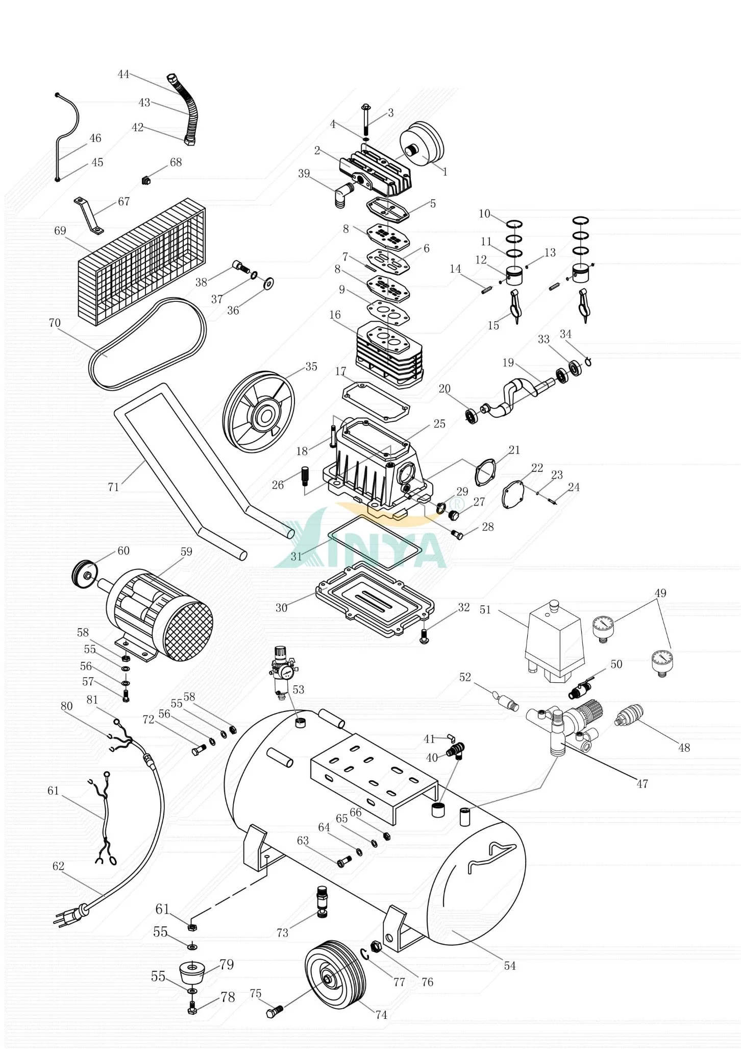 Xinya Air-Cooled 80mm Piston Single 400V Stage Three Phase 4kw Oil H Belt Drive Air Compressor 200L Tank with Alu Pump Head