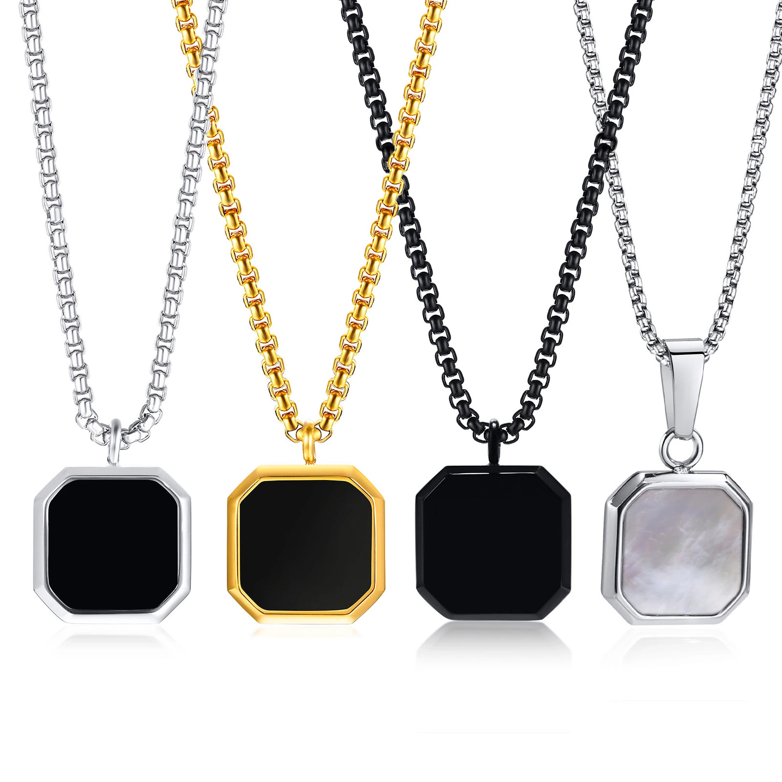 Stainless Steel Drop Glue Black Square Pendant Men's Hoodie Fold Wear Necklace Long Sweater Chain Accessories