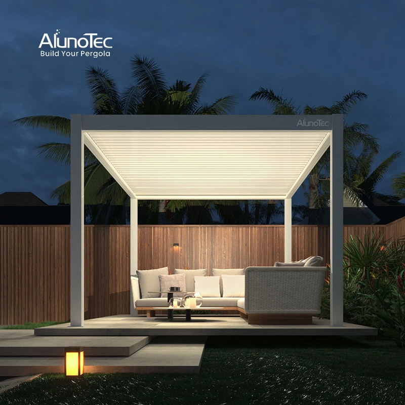 OEM ODM Pergolas à lames orientables avec toit motorisé pour ombrage solaire, meubles modernes pour la maison, auvent de jardin, auvent de luxe en aluminium bioclimatique, pergola en aluminium pour SPA extérieur