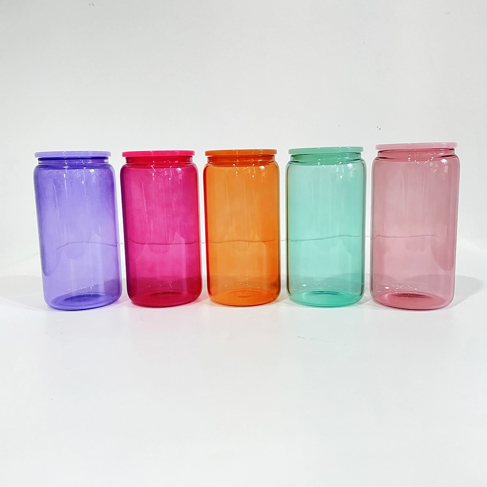 16oz USA Warehouse Colored Clear Glass Can Soda Beer Glass Can Glass Jar Blank Sublimation Sublimation Colored Transparent Glass 5 Colors Mixed