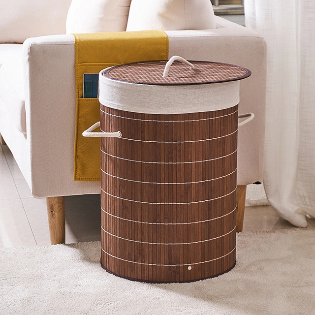 Cheap Household Using and Eco-Friendly Round Folding Bamboo Round Laundry Hamper Basket with Handle