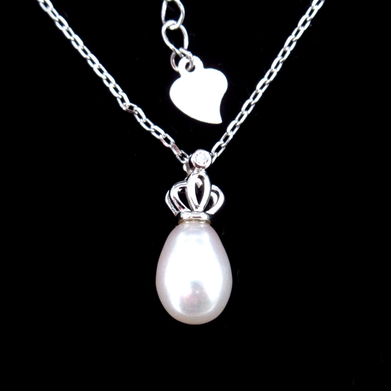 Sterling 925 Silver Pearl Chain Necklace with Imperial Crown Shaped