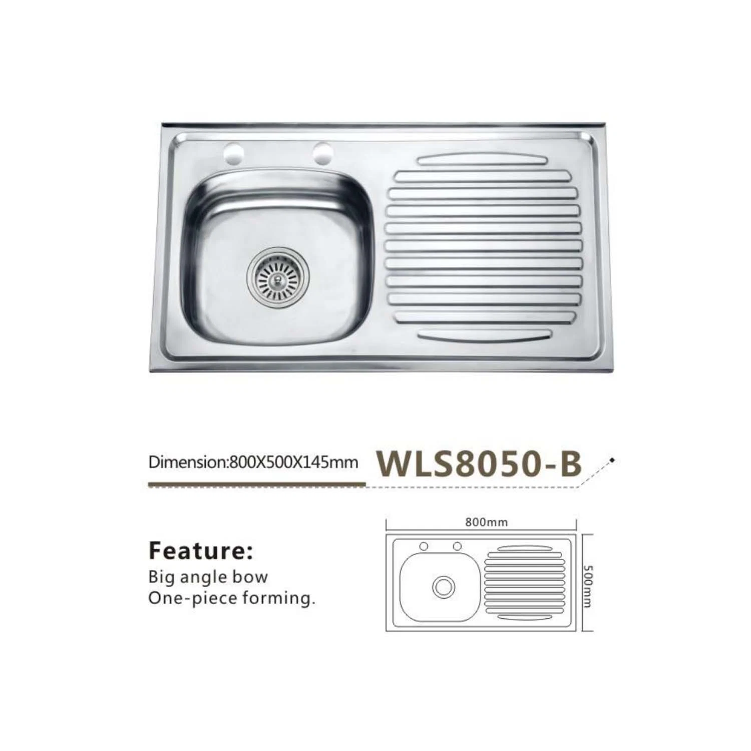 Stainless Steel Kitchen Sink Single Bowl with Drain Board Sink Wls8051