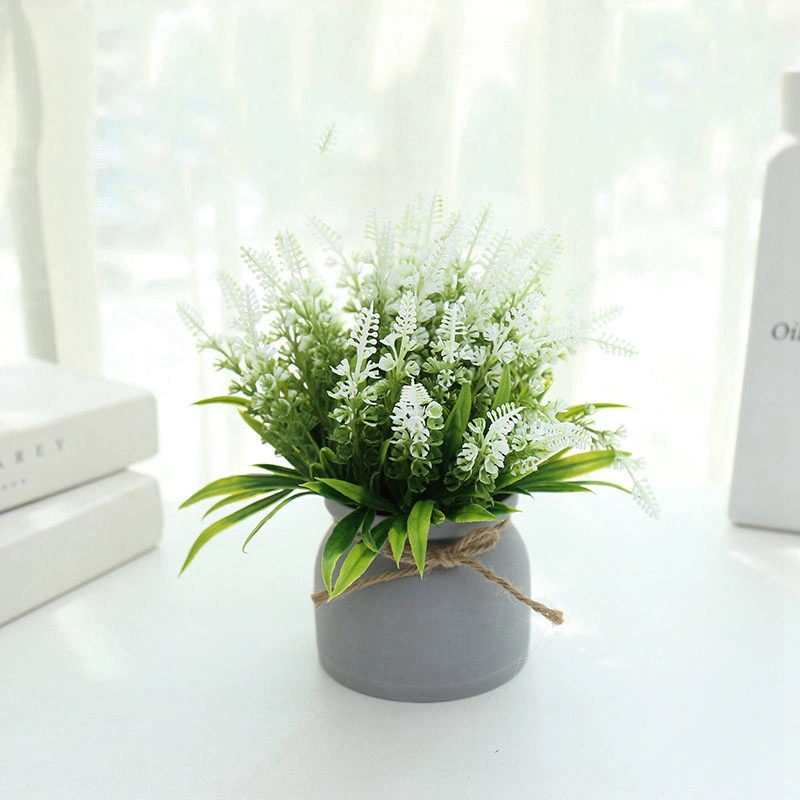 Artificial Lavender Bouquet in Decorative White Plastic Pot with String