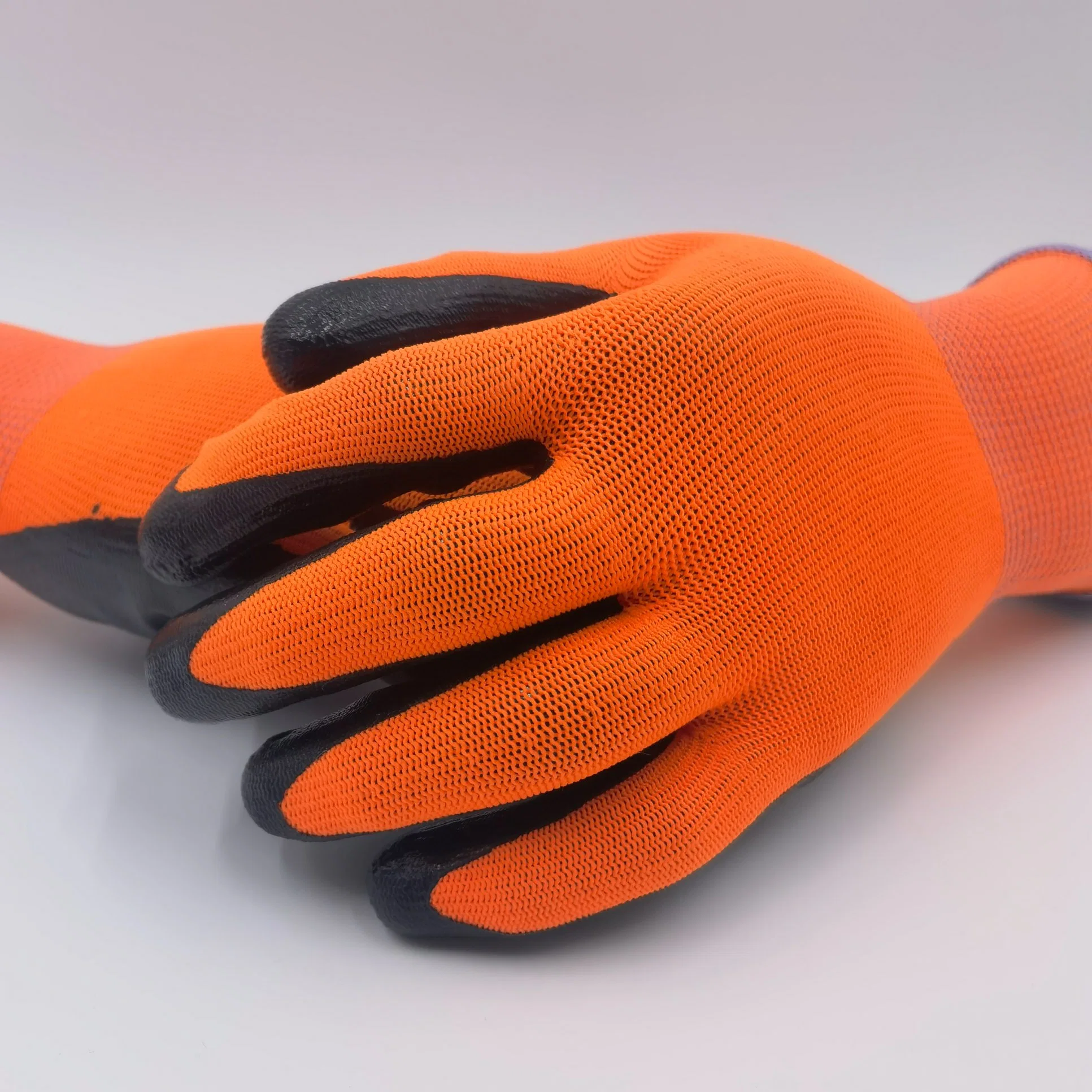 El trabajo de Nylon 13 meden Guantes de nitrilo de poliéster de color naranja con recubrimiento de nitrilo Shell Guantes de trabajo con el logotipo de impresión