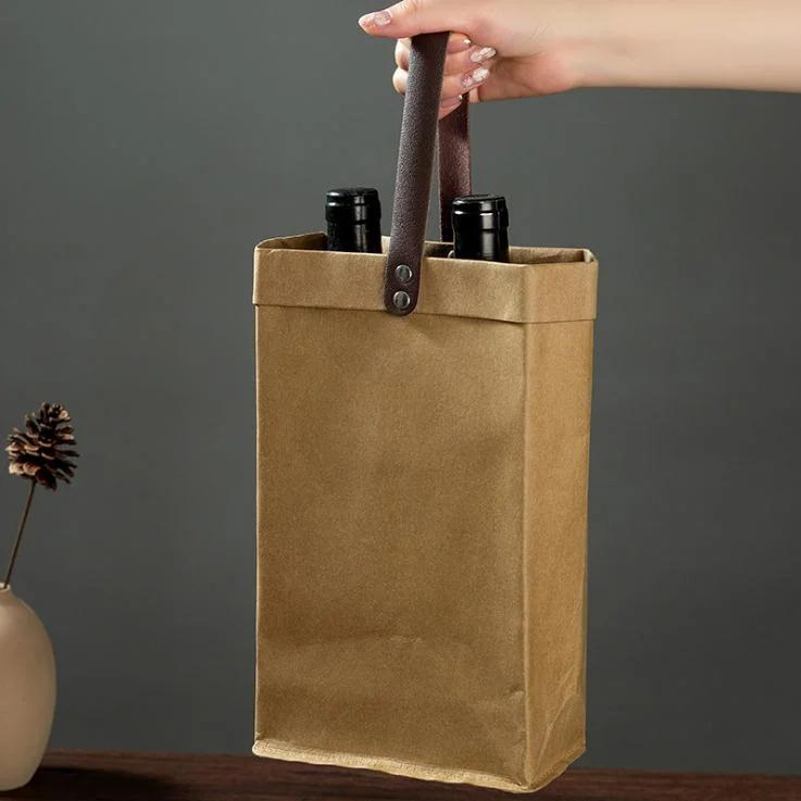 Original Factory Wholesale/Supplier 100% Reusable Kraft Paper Bags with PU Leather Handles,Eco-Friendly Natural Kraft Paper Storage Bag for Packaging Flowers/Wine/Rice/Food