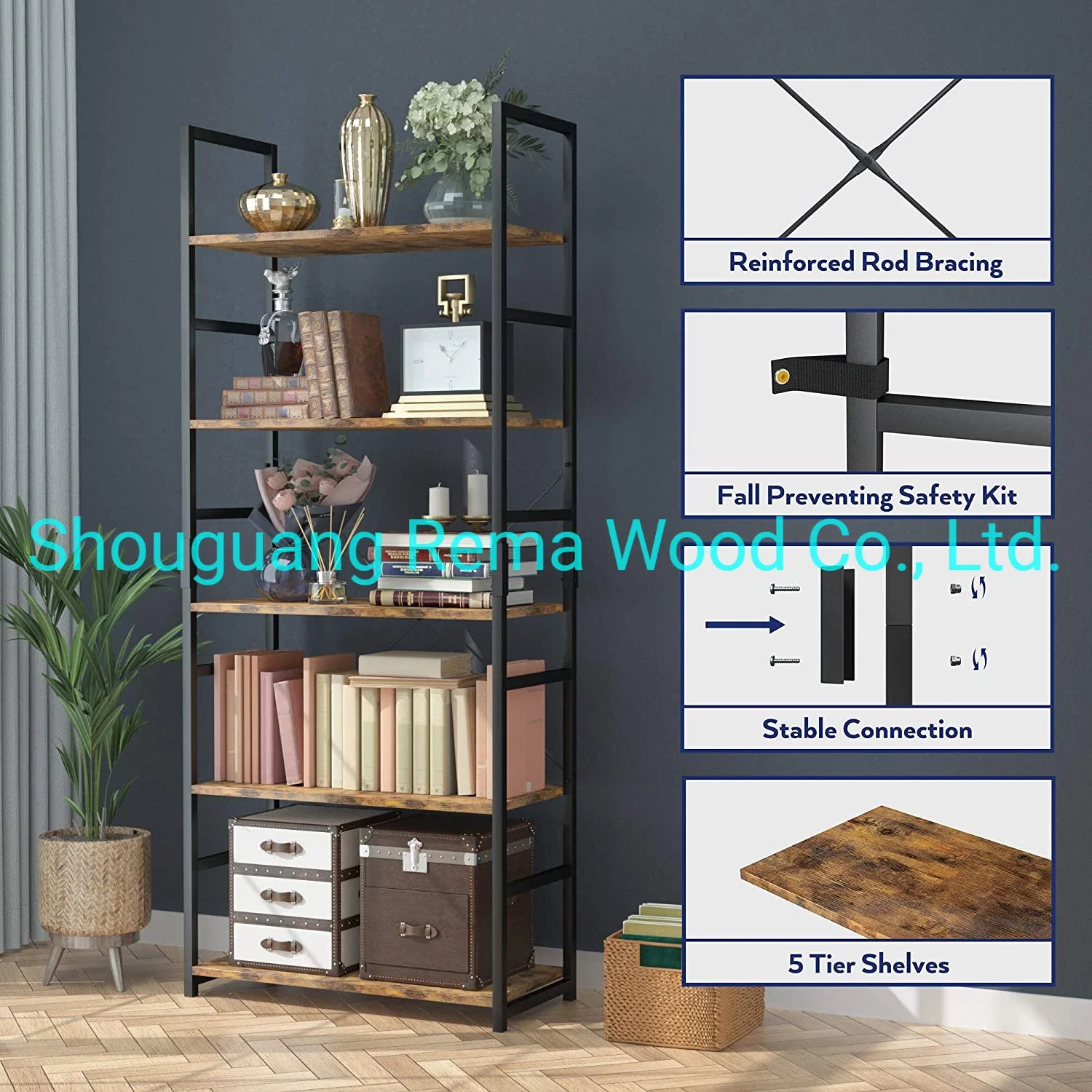 5 Tier Bookshelf Bookcase Shelf Storage for Bedroom Living Room Home Office