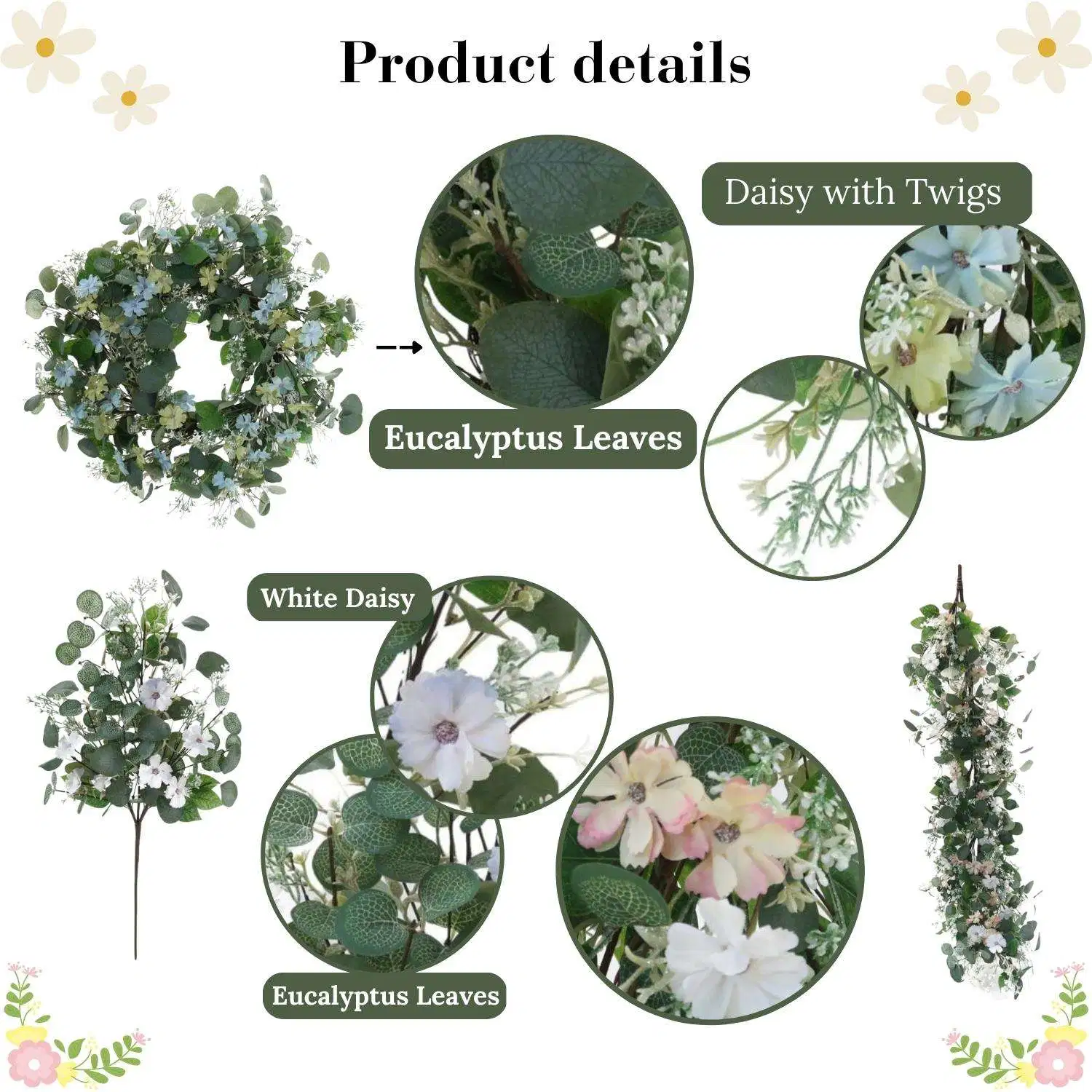 Decor for Home Wedding Decoration Daisy & Eucalyptus Leaves Picks with Twigs Decorative Eucalyptus Flower