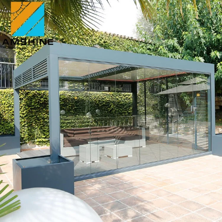 Mobiliário moderno à prova de água Pátio estrutura estufa automática Jardim pavilhão exterior Teto de abrir com abertura ajustável, cobertura elétrica em metal Gazebo para pátio, telhado Pergola