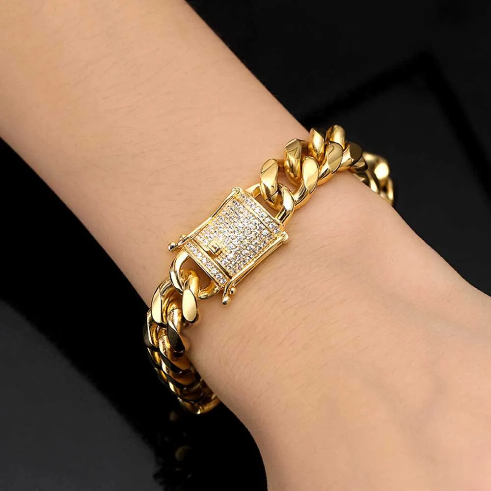 Gold Plated Stainless Steel Luxury Bracelets Zircon Diamond Cuban Link Chain Bracelet Hip Hop Jewelry for Men Women