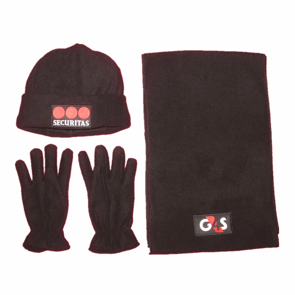 Original Factory OEM Custom Logo gedruckt Schwarz Polar Fleece Winter Set Aus Mütze-Schal-Handschuhen