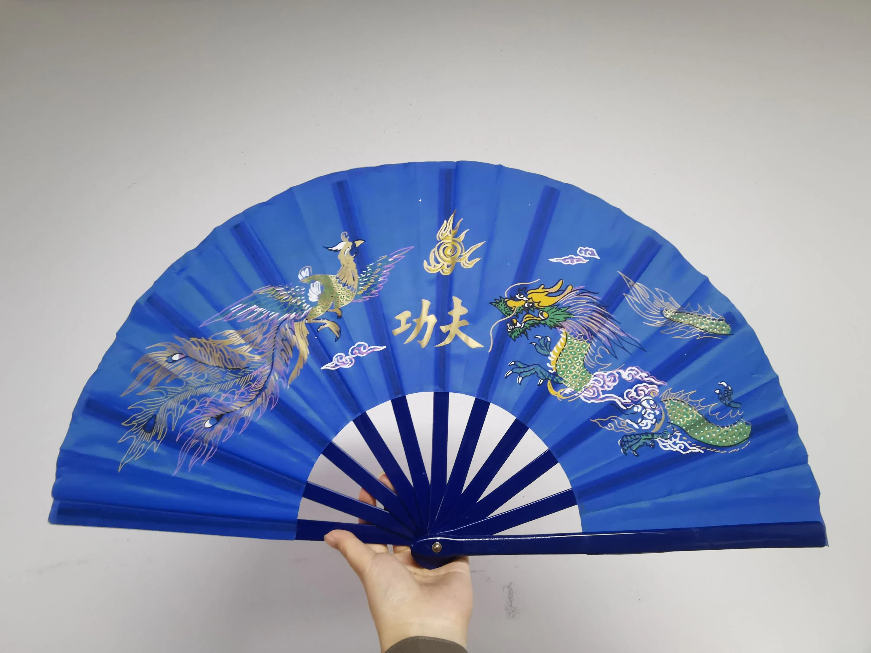 Factory Supply Custom Large Kongfu Hand Fans Party Printed Folding Fan with Stain Fabric