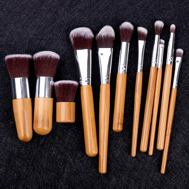 11PCS Bamboo Makeup Brushes with Canvas Bag Popular Kabuki Brushes Synthetic Fiber Cosmetic Brushes Set