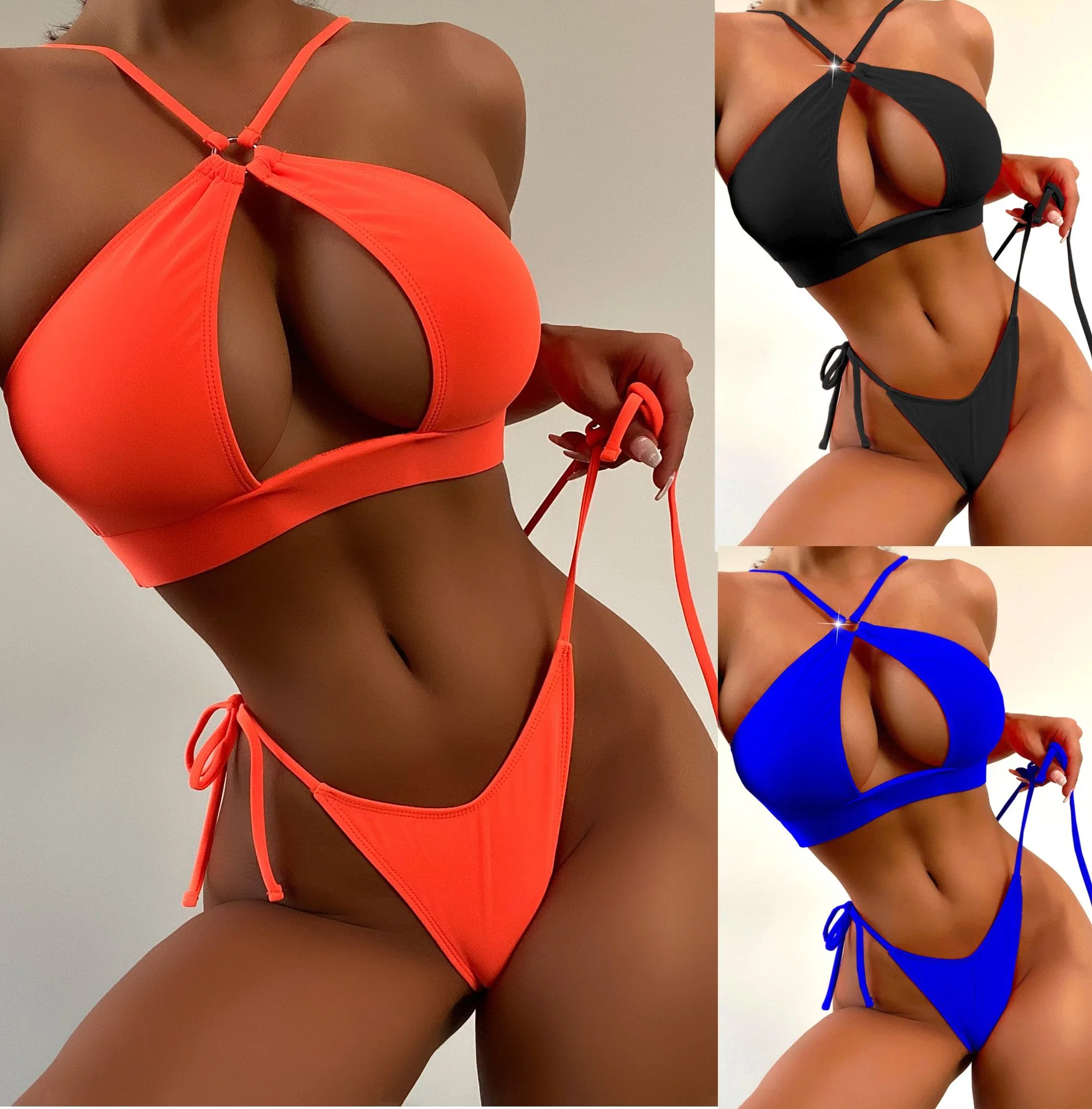 Women Swimwear Push up Solid-Color Bikinis Set Lace up High Waist Bathing Suit Beach Clothing