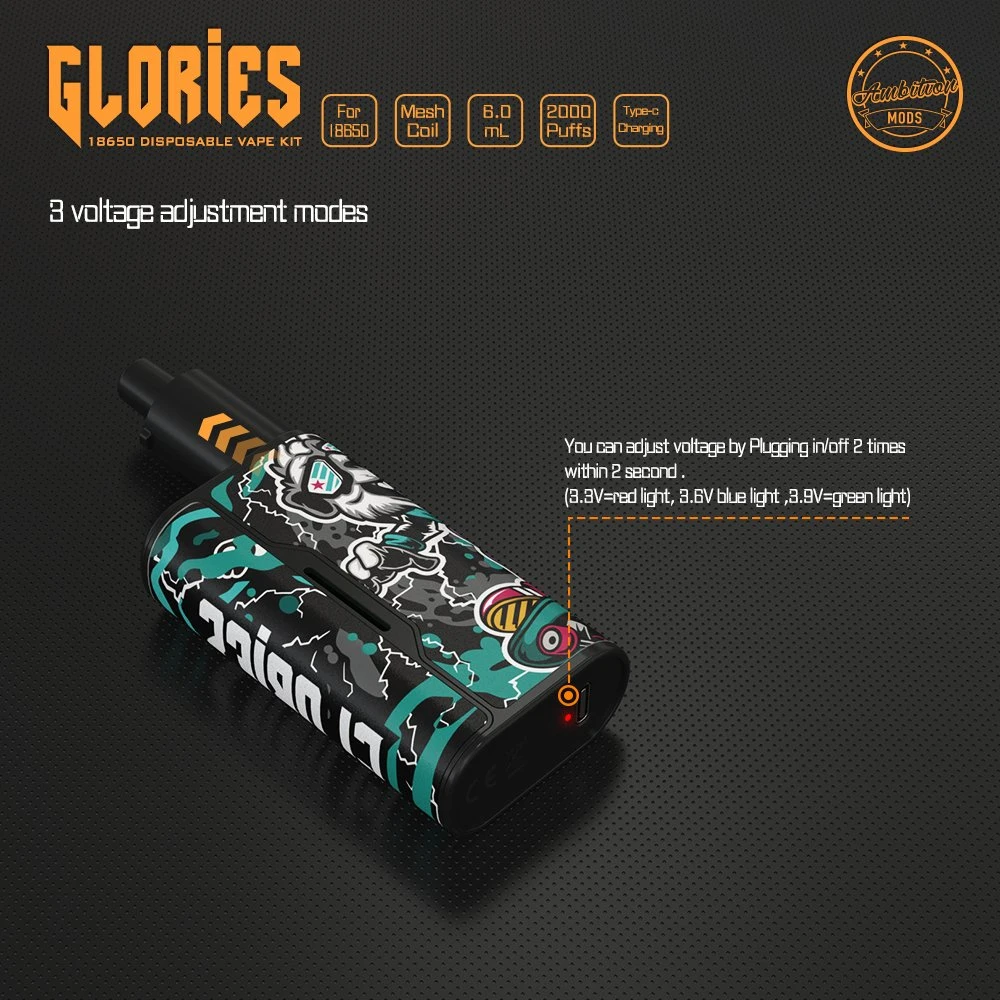 Glorias desechables desechables de portátil 18650 Kit de Vape ambición Mods 2000 inhalaciones Atomizer