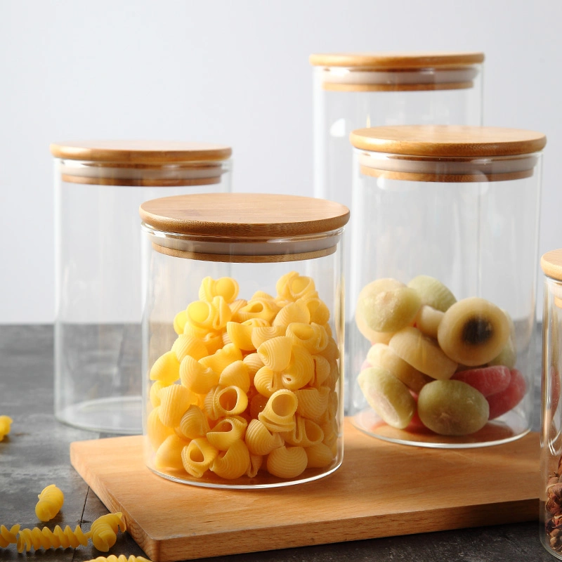 Handmade Borosilicate Candy Foods Rubber Sealed Wooden Lid Airtight Storage Containers Glass Jar with Bamboo Lid