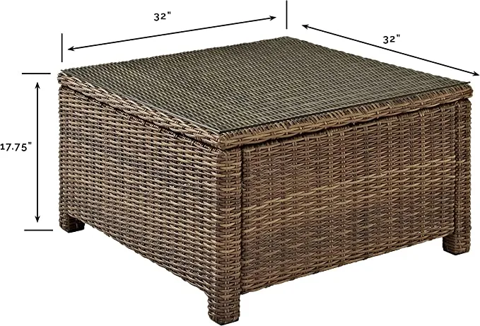 Outdoor Wicker Square Tempered Glass Top Coffee Table, Brown