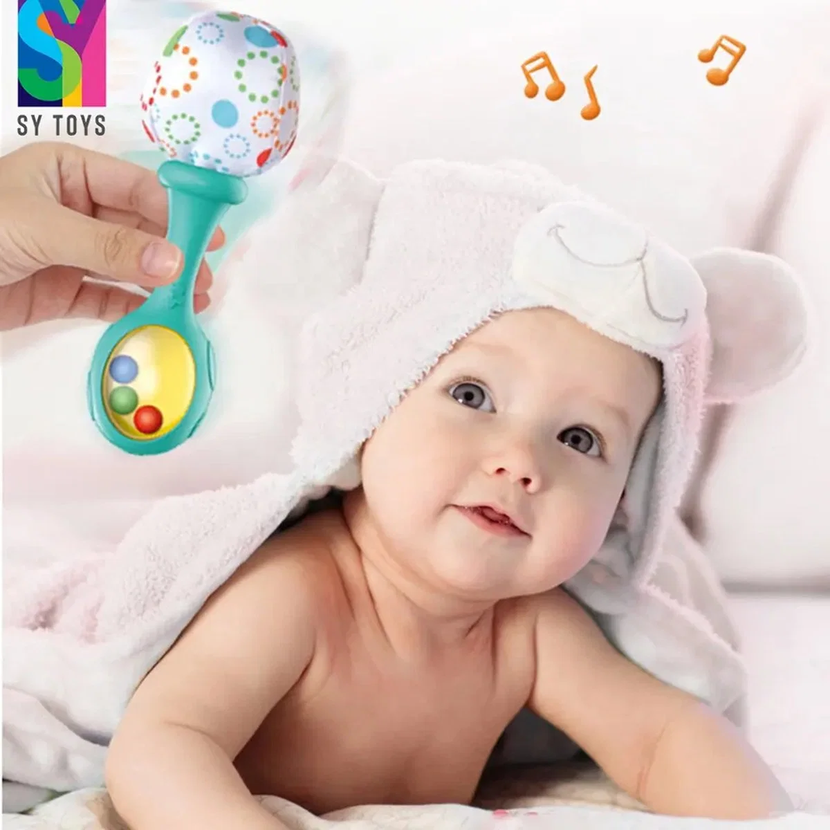 SY Rattle Ball moldeados Teething Toy suave Grado alimenticio sin BPA Juguete de silicona para dentición bebé relleno Cute Animal Sand Hammer de juguete