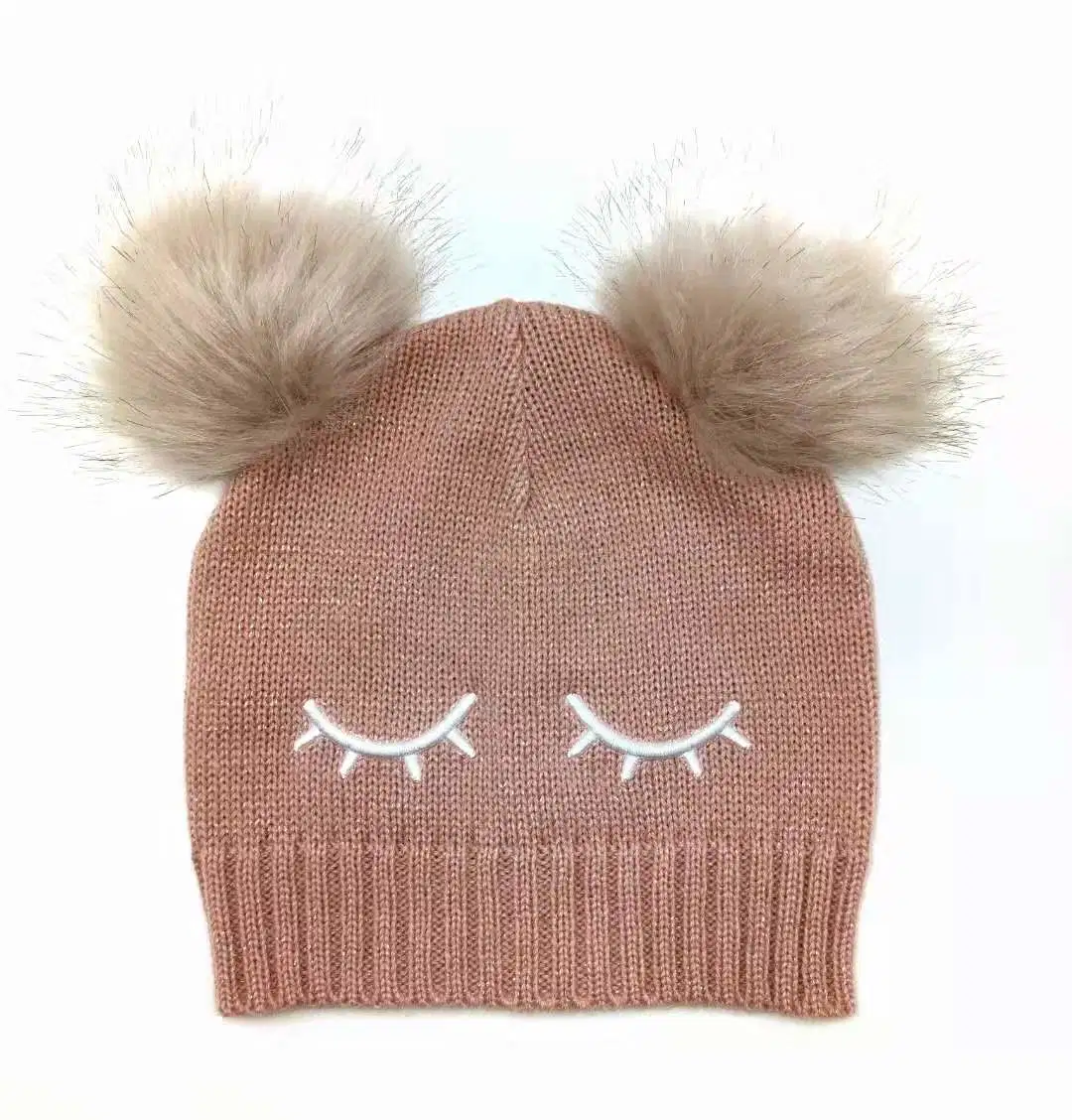 Kids' Winter Warm Fashion Knitted Hat with 3D Embroidery and Fake Fur Pompoms