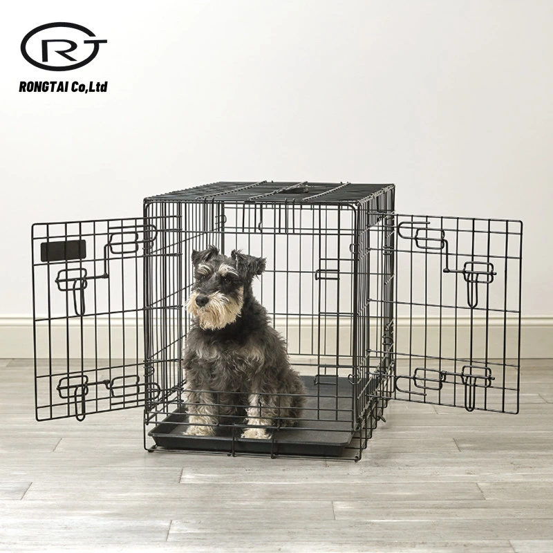 Caja de crate de perro de mascota de doble puerta con plegable de metal negro Jaula