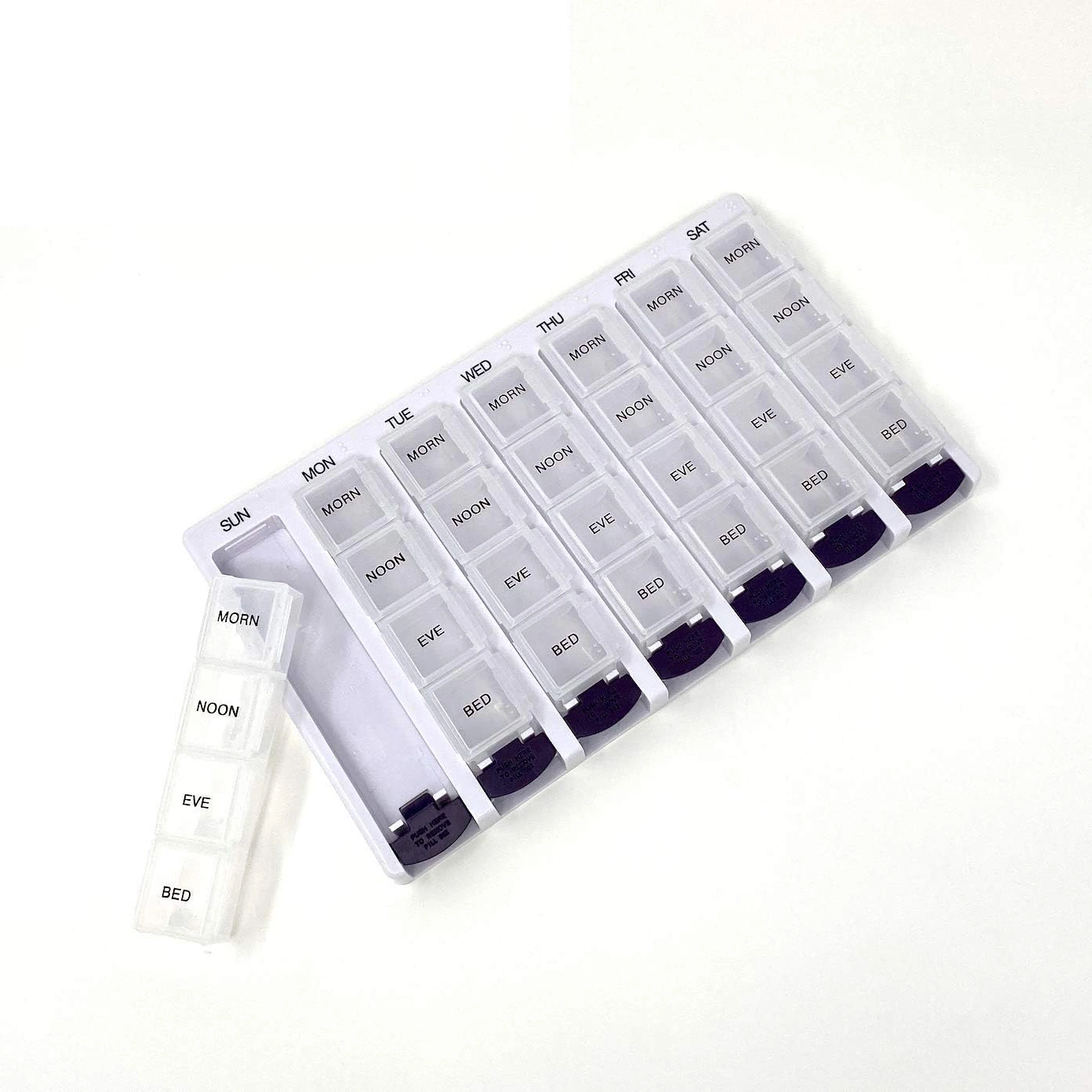 7 Days a Week Pill Box Push Button Spring 28 Compartment Plastic Pill Box Portable Weekly Compartment Pill Organiser