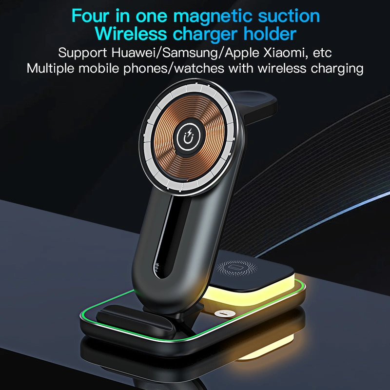 2023 New Qi 15W Mobile Charging Station Pad LED Light 4 in 1 Adjustable Magnetic Wireless Charger for Mobilephone