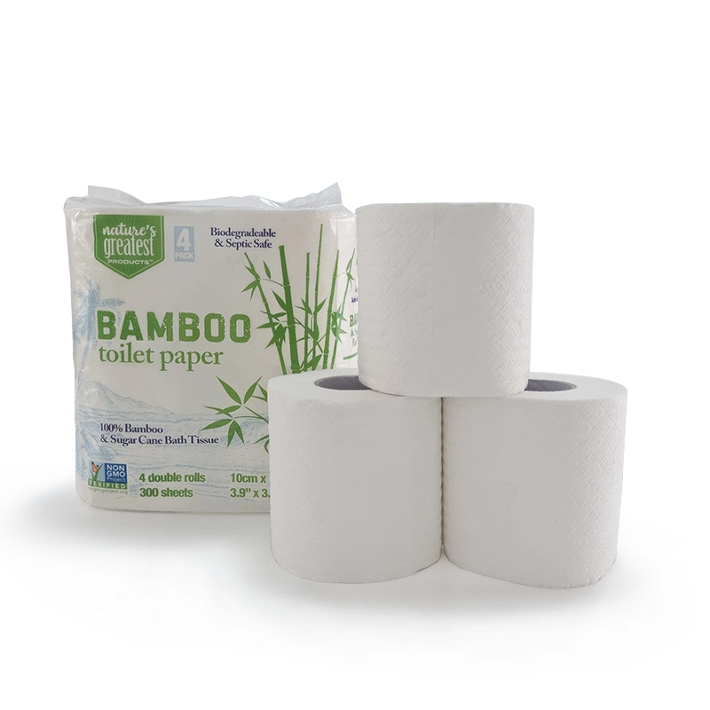 2ply 15GSM 300 feuilles 4 Rouleaux Pack White blanchis Environmental Friendly libre de l'arbre de bambou Papier hygiénique de pâte de papier toilette