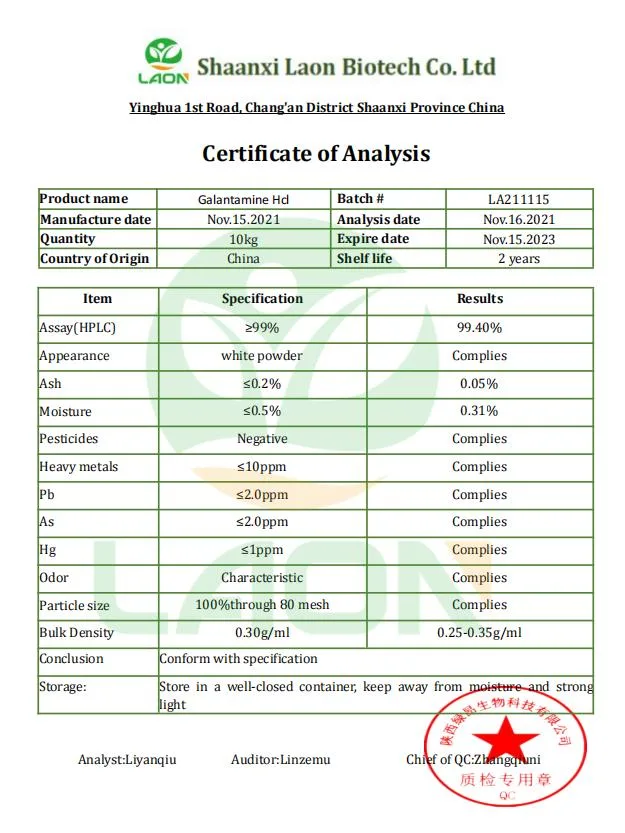 Haute qualité d'alimentation de 98 % Nootropics bromhydrate de galantamine CAS 69353-21-5