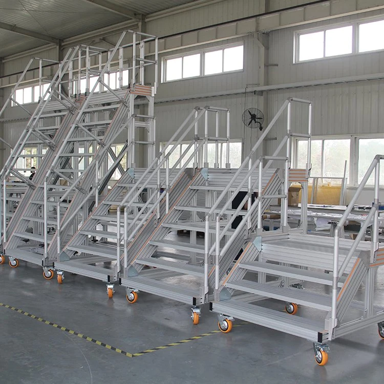 10 Step Top Aluminum Rolling Industrial and Warehouse Ladder with Handrails