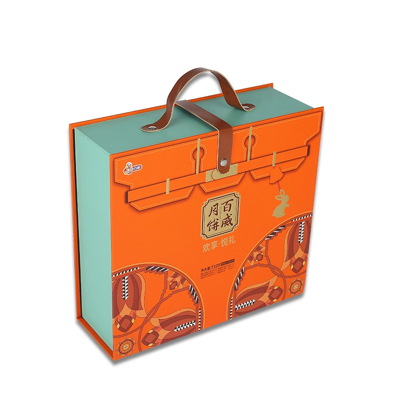 Orange Book Shape Gift Packaging Cardboard Gift Box with Leather Handle for Moon-Cake