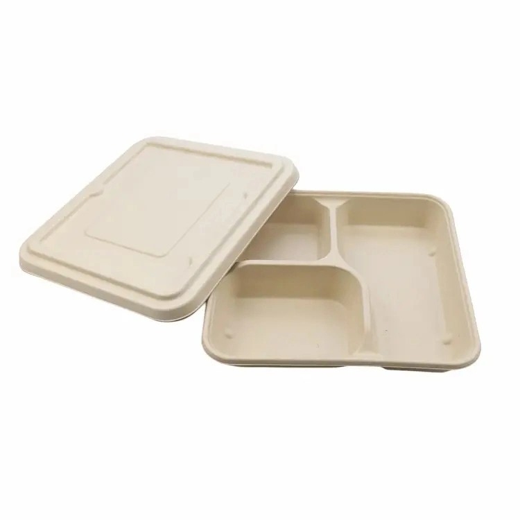 3 4 5 6 Compartiments Emballage de restauration rapide en pulpe de bagasse de canne à sucre, compostable, biodégradable, assiette plateau jetable de grande taille.