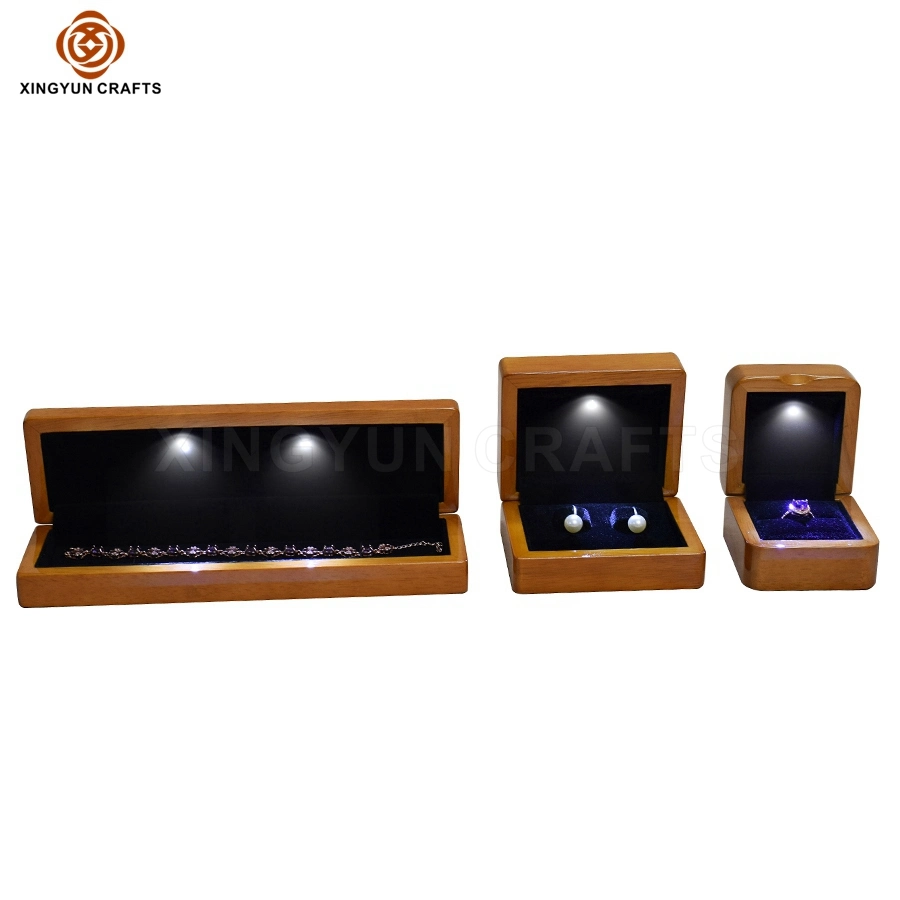 Glossy Maple Jewelry Set Package Box Wood Ring Earring Pendant Bracelet Watch Display Box with LED Light