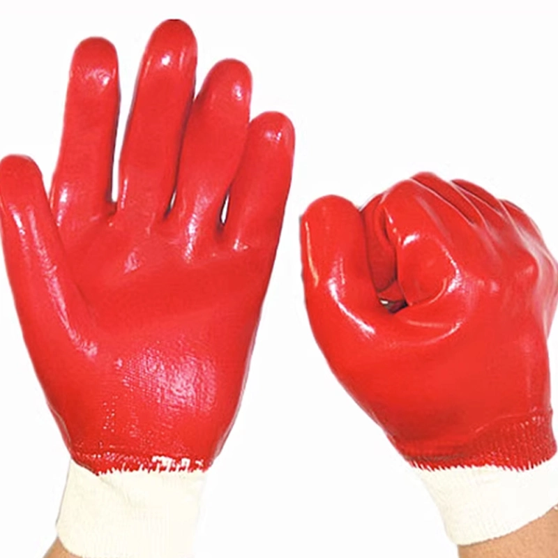 Red PVC entièrement de feux de croisement des gants de coton/polyester pour le shell de chemise de verrouillage de poignet tricoté CE FR388 4131 revêtus de PVC à usage intensif des gants de travail, l'abrasion chimique liquide