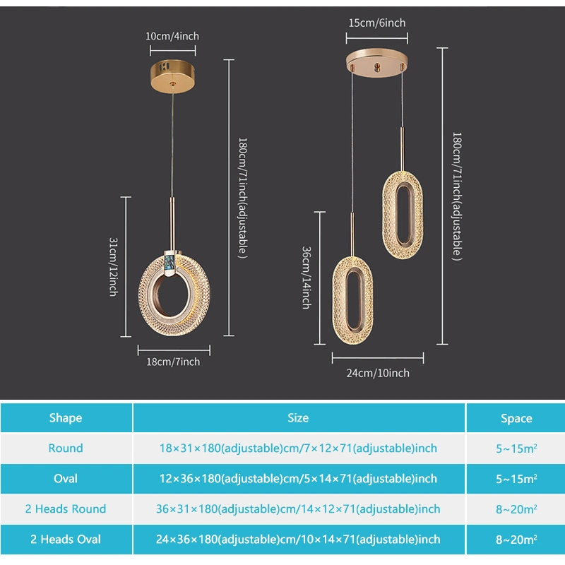 Candeeiros suspensos LED Oval modernos em cristal e lustres Golden Lights