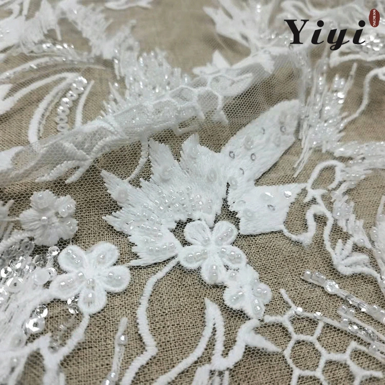 Dyeing Color Customized 3D Beads Shiny Fashion Lace Mesh Embroidery Fabric for Wedding Dress, Evening Gowns