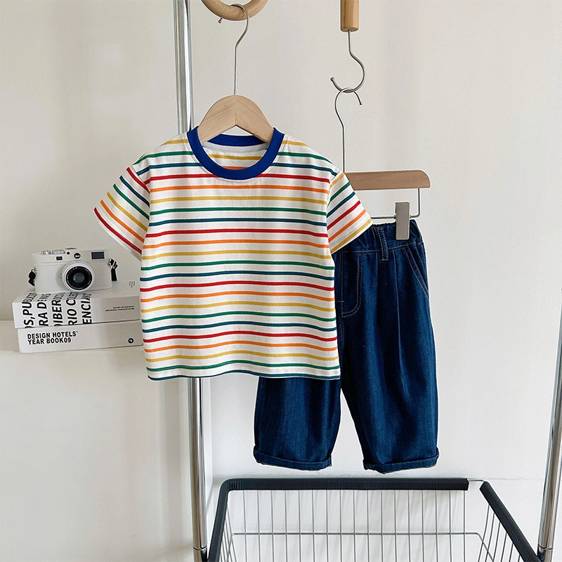 2023 Summer New Children's Korean Version of The Children's Rainbow Striped Short-Sleeved Boys and Girls with Thin T-Shirt