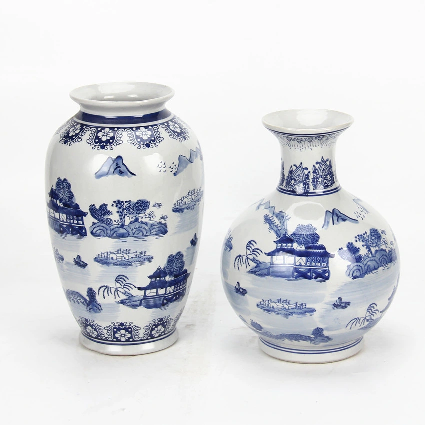 V070 Classical Ceramic Blue and White Vase China Porcelain Wholesale/Supplier Landscape Painting Tabletop Vase for Home Decor