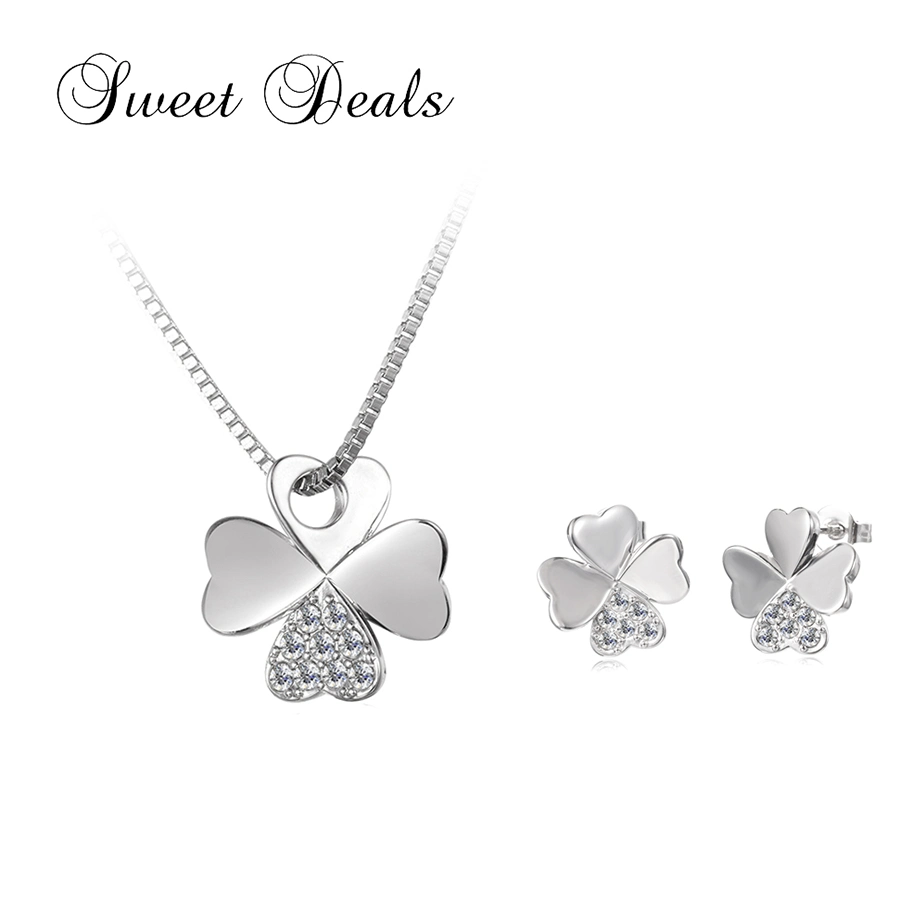 Four Leaf Clover Earrings Necklace Set Fashion Sliver Jewelry