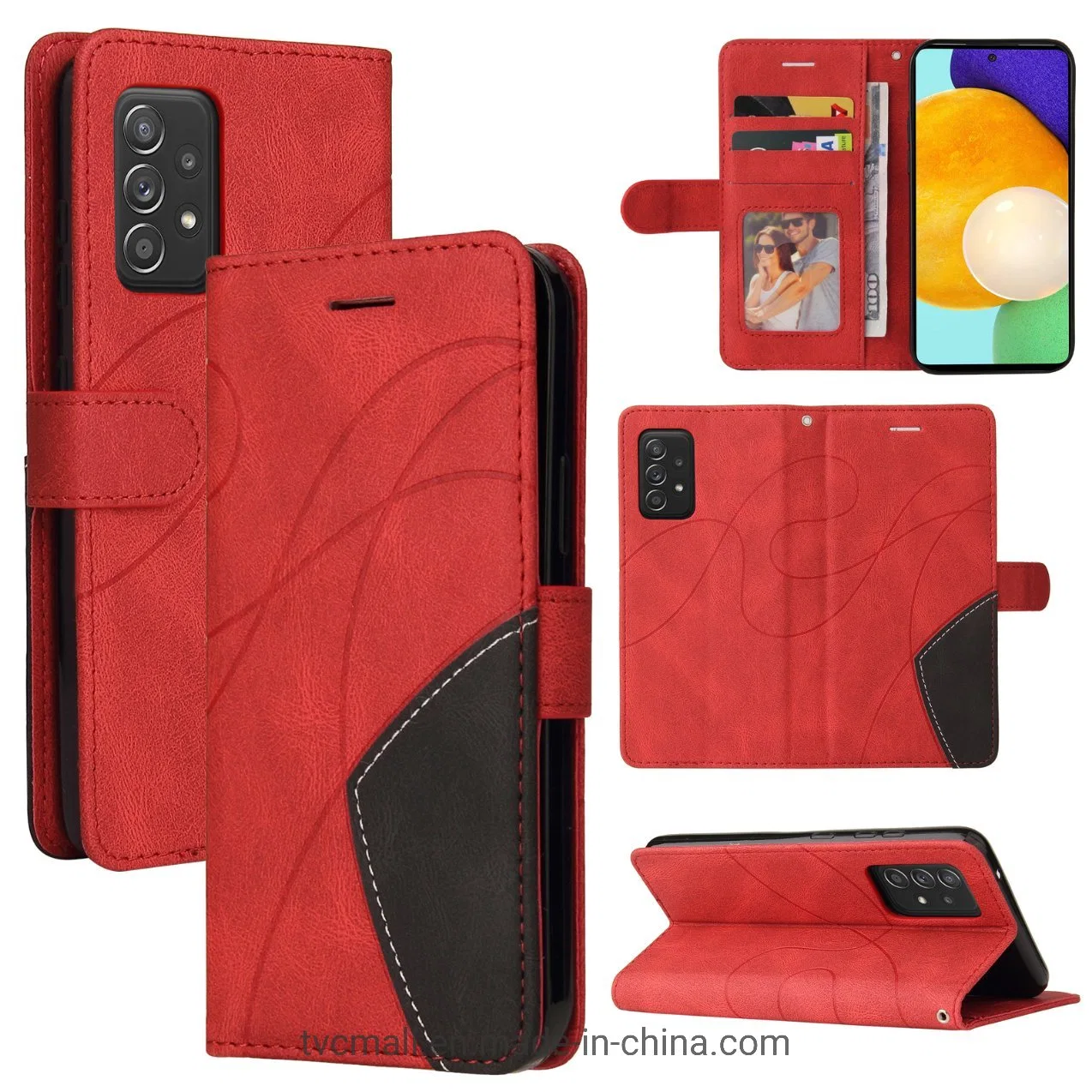 El caso del teléfono de Samsung Galaxy A52 4G/5G / 5g s52kt-1 característica de la serie de cuero Pulsera Bi-Color Stand de empalme de cuero de PU estilo Flip Wallet Folio- rojo