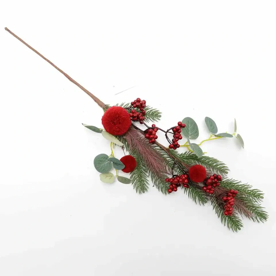 Artificial Cranberry Branches Christmas Pick Wool Balls Holly Stems Craft Winter Floral Christmas Decorations