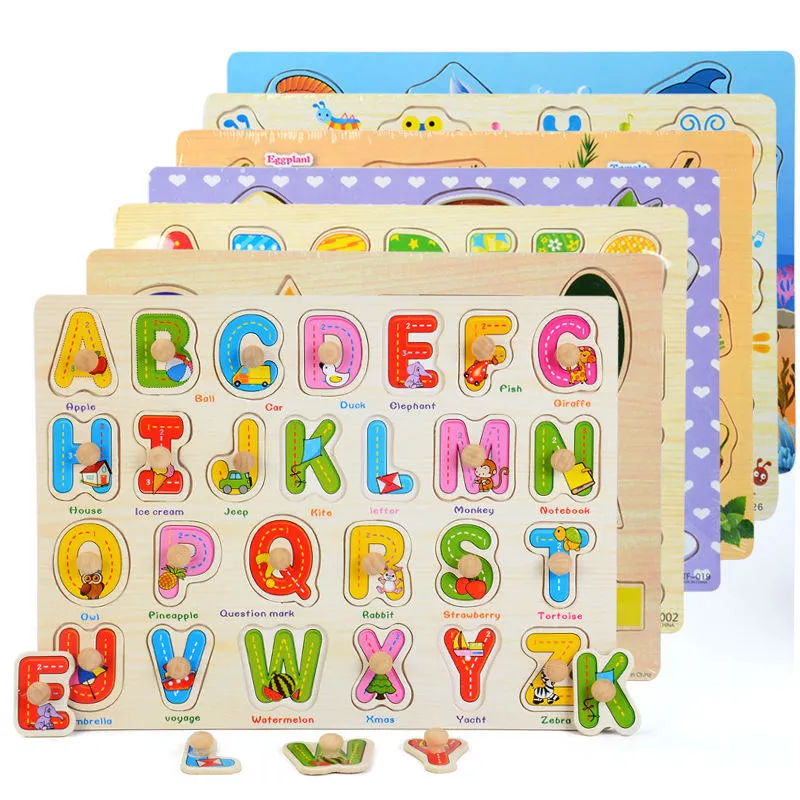 Montessori puzzles en bois de la main Grab cartes Tangram Jigsaw bébé Jouets Jouets éducatifs Cartoon véhicule Animaux Fruits puzzles 3D