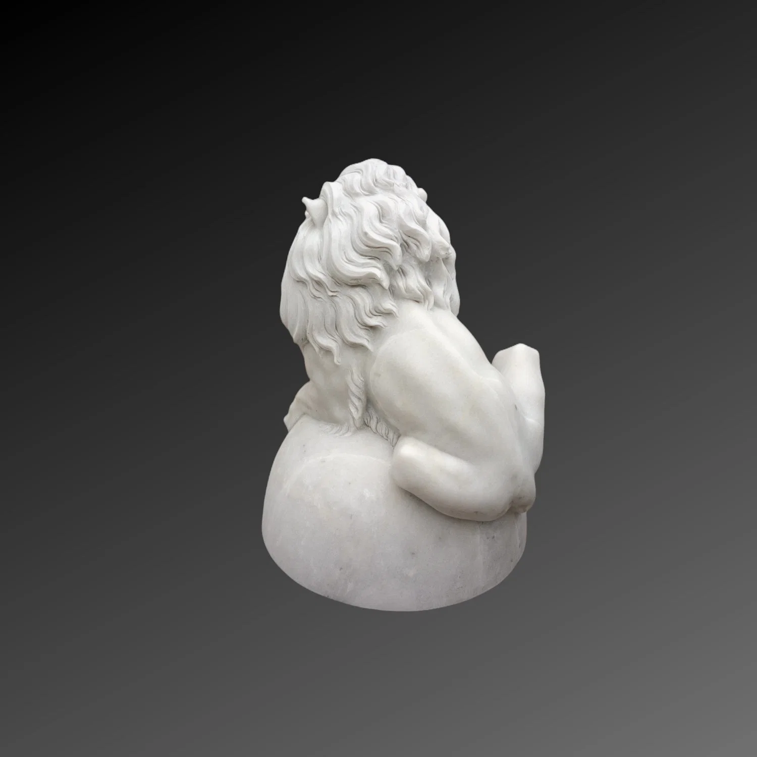 Custom Made White Marble Lion Resting on a Half Ball