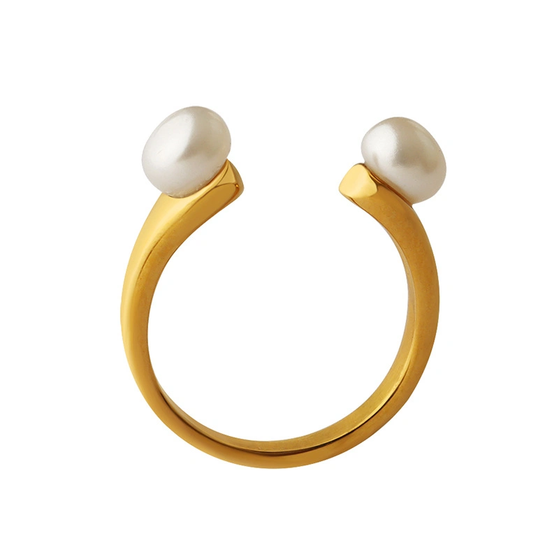 Minimalist Baroque Freshwater Pearls U Shape Opening Adjustable Design 18K Gold Plated Stainless Steel Ring for Women