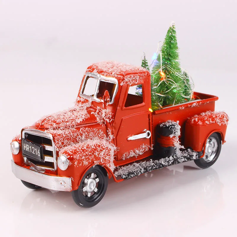 Handmade Ornament Christmas Decorative Model Vintage Red Metal Truck Decor