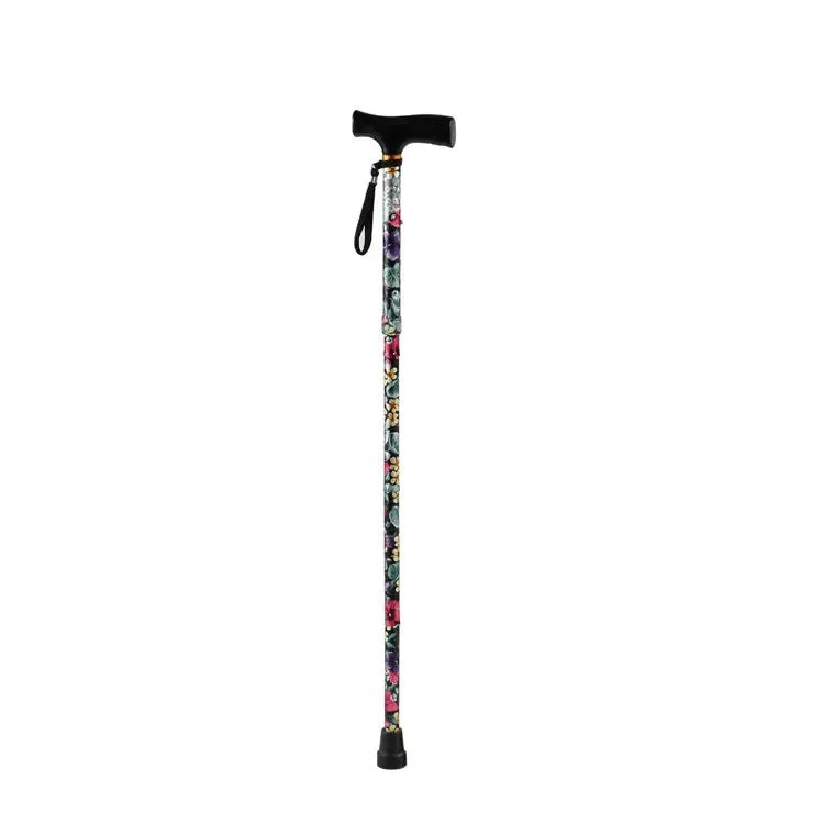 Bliss Medical Foldable Walking Stick Cane Printed Black Flower Folding Cane