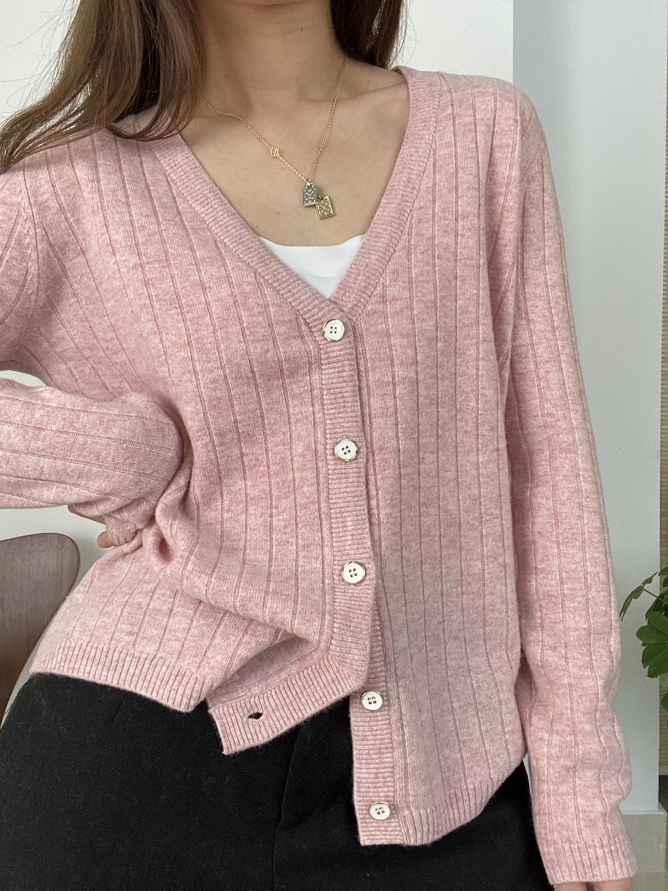 Full Wool Cardigan Women's V-Neck Pit Strip Knitted Coat Loose Top Solid Color Sweater