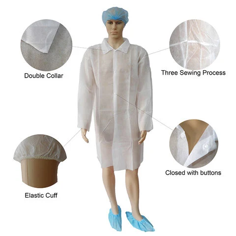 Non Woven Microporous Lab Coat Disposable Protective Clothing Workwear White with Buttons