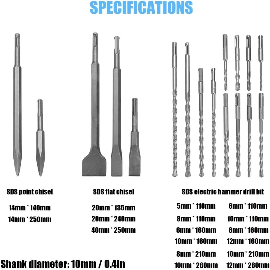 El agujero de la albañilería conjunto de herramientas, 17PCS BROCAS SDS y cinceles, Juego de Brocas martillo perforador de aluminio con caja de almacenamiento.