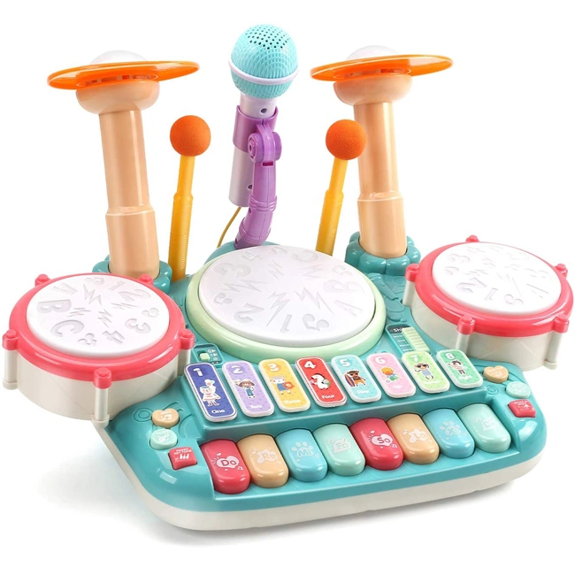 5in1 Musical Instruments Toys Kids Electronic Piano Keyboard Xylophone Include 2 Microphones with Light Multifunctional Drum Toy