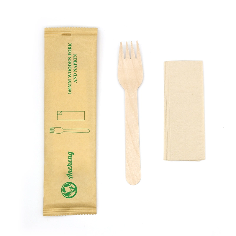 Disposable Wooden Handle Cutlery Set with Printing Paper Packing